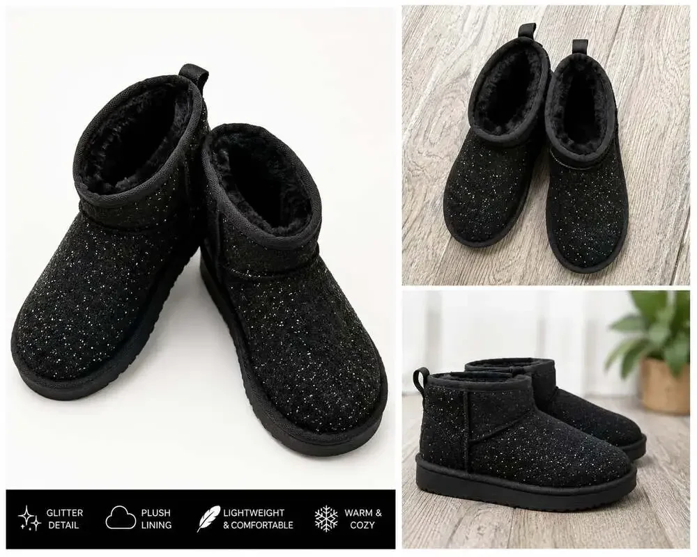 BearPaw Youth Girls Size 12 Black Sparkle Wool Blend Winter Low Boots